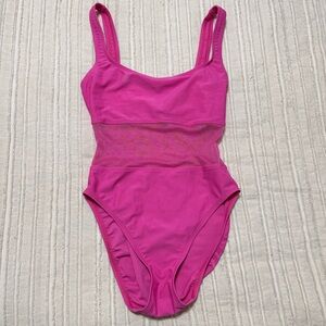 Vintage 90s Pink High Leg Mesh Detail One Piece Swimsuit